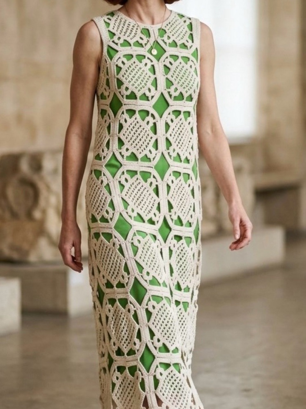 Tory Burch Green Dress with Cream Crochet Overlay